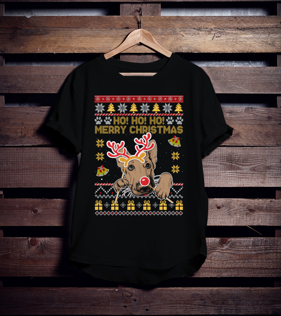 HO HO HO Merry Christmas German Shepherd Reindeer Antlers Ugly Sweater Style Holiday Bells Presents Snowflakes T-Shirt