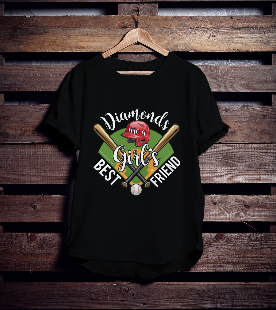 Diamonds Are A Girl's Best Friend Baseball Theme With Bats, Red Helmet, And Field T-Shirt