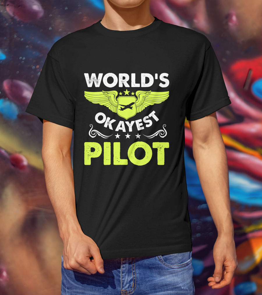 WORLD'S OKAYEST PILOT Wing Emblem Stars T-Shirt