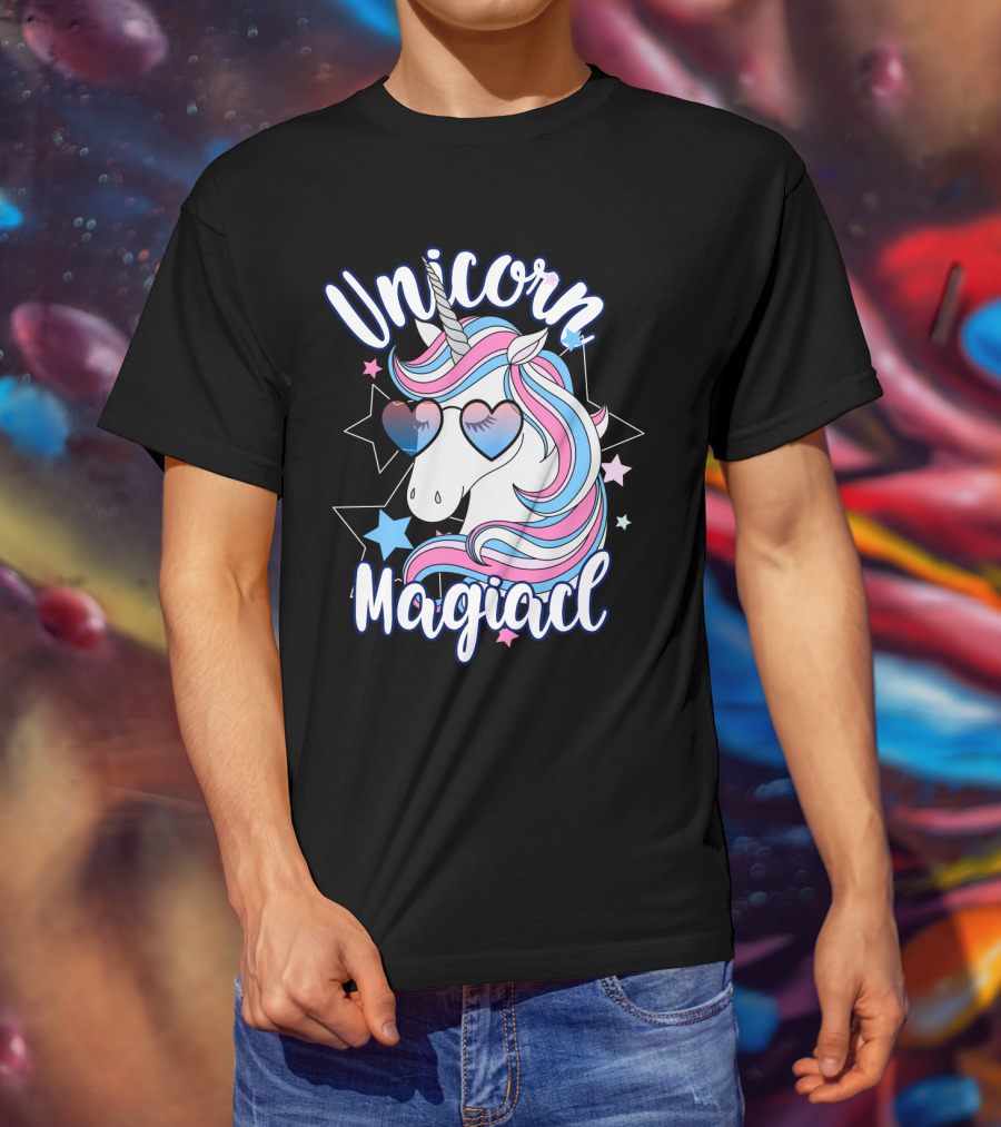 Unicorn Magiacl Rainbow Heart Sunglasses Stars T-Shirt