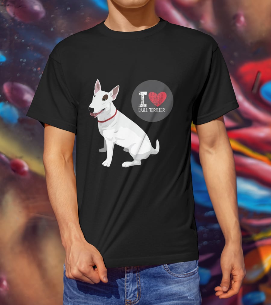 I Love Bull Terrier White Dog Sitting With Red Collar T-Shirt