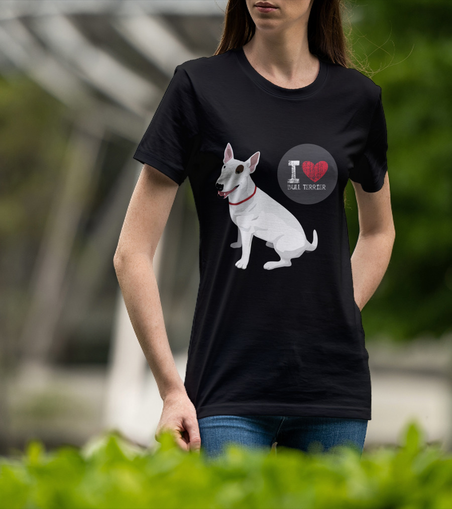 I Love Bull Terrier White Dog Sitting With Red Collar T-Shirt