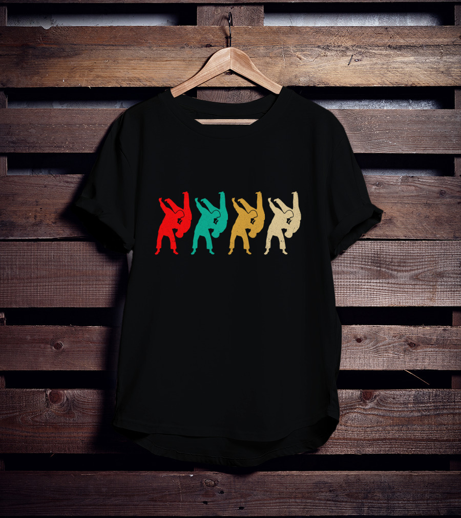 Vintage Judo Throw Silhouettes Red Teal Yellow Beige T-Shirt