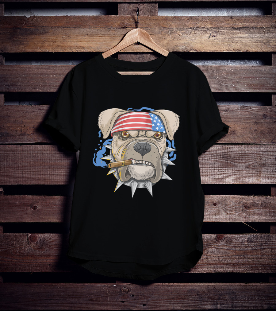 Pit Bull Dog American Punk Head Spiked Collar Patriotic Bandana Cigar T-Shirt