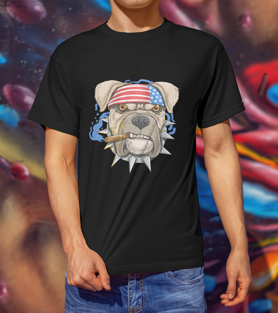 Pit Bull Dog American Punk Head Spiked Collar Patriotic Bandana Cigar T-Shirt