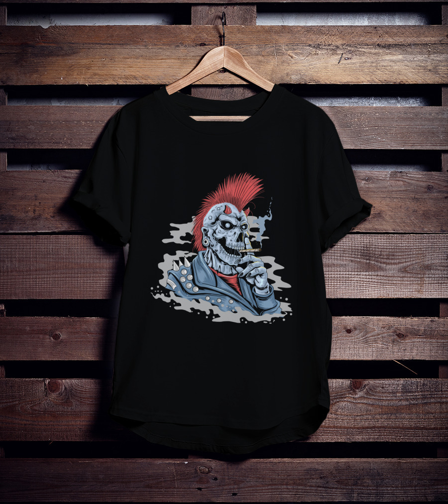 Skull Punk Mohawk With Spiked Leather And Smoking Cigarette T-Shirt