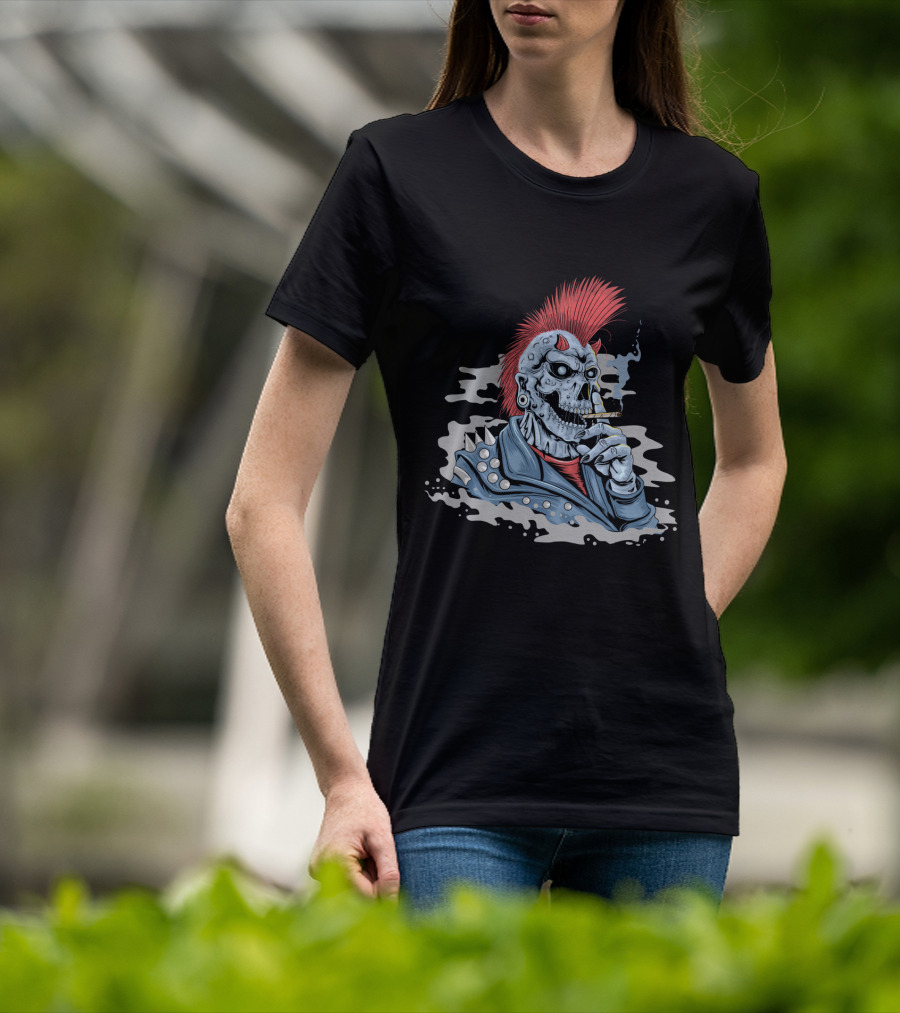 Skull Punk Mohawk With Spiked Leather And Smoking Cigarette T-Shirt
