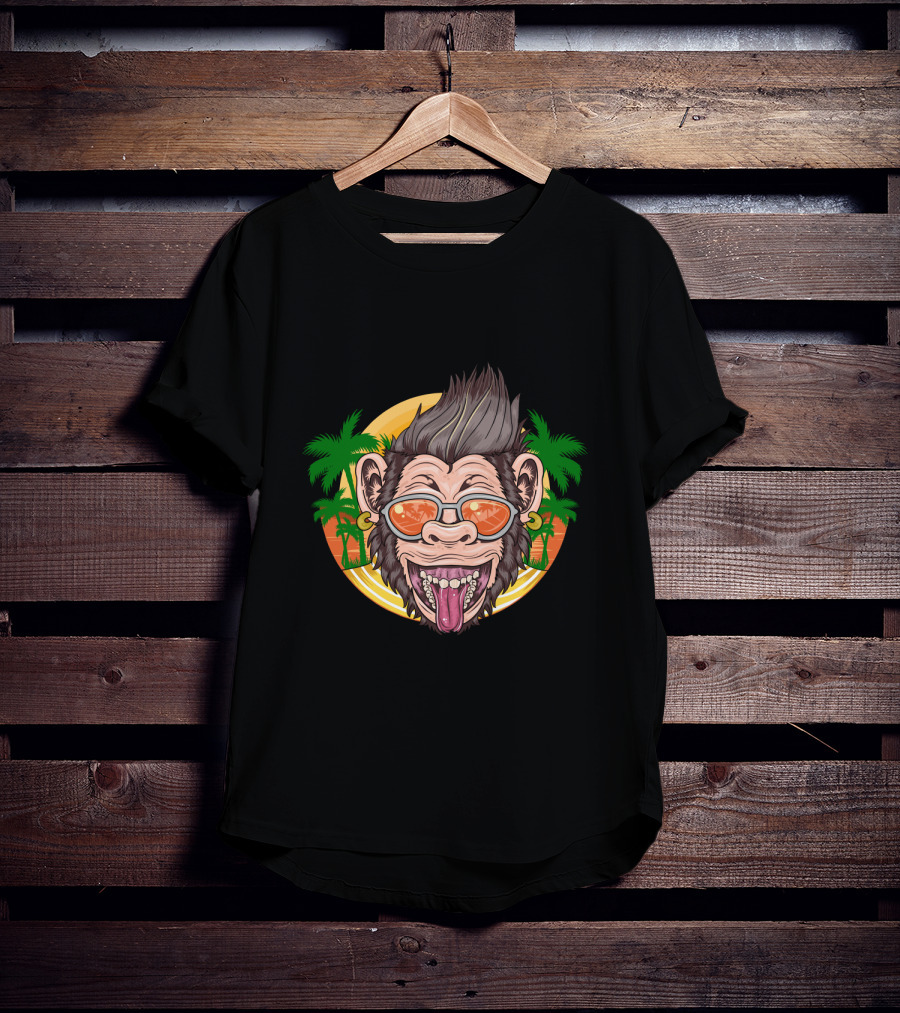 Funny Chimpanzee Sunglasses Tropical Sunset T-Shirt