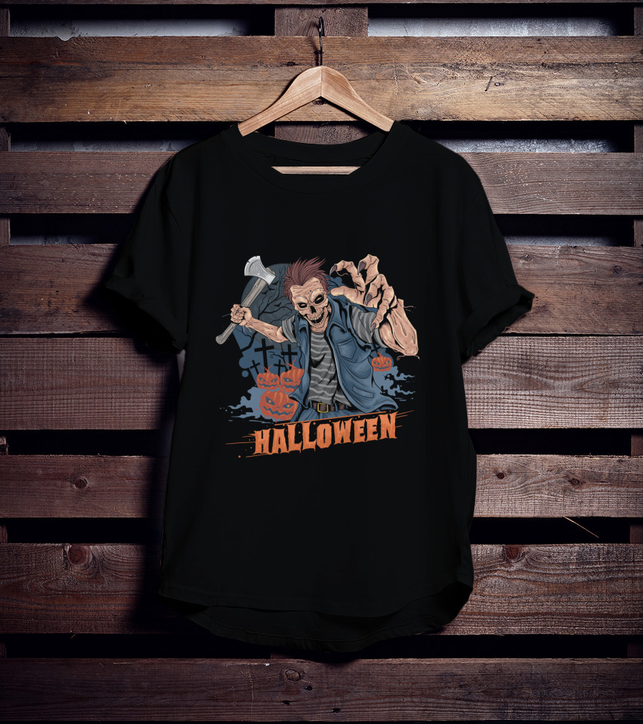 Halloween Funny Zombie With Axe And Pumpkins T-Shirt