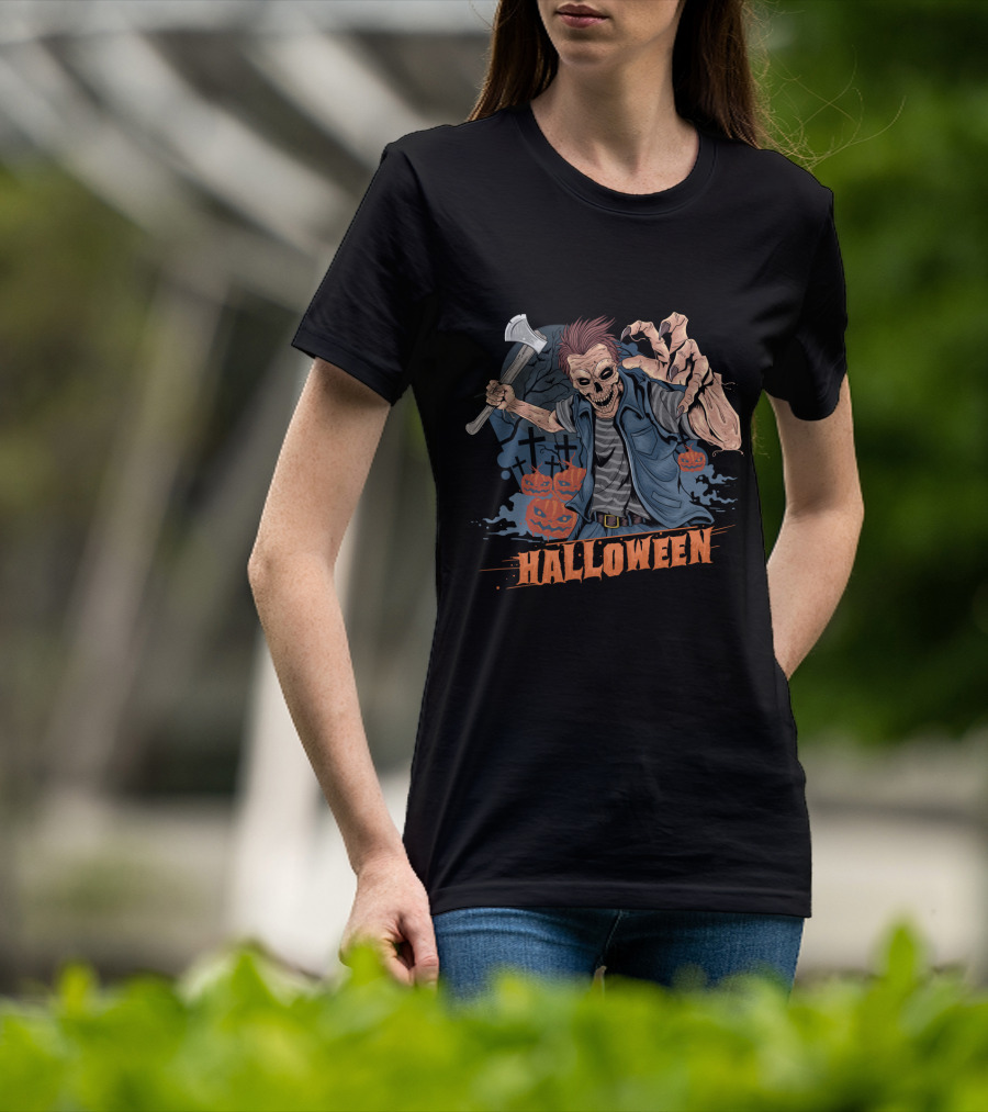 Halloween Funny Zombie With Axe And Pumpkins T-Shirt