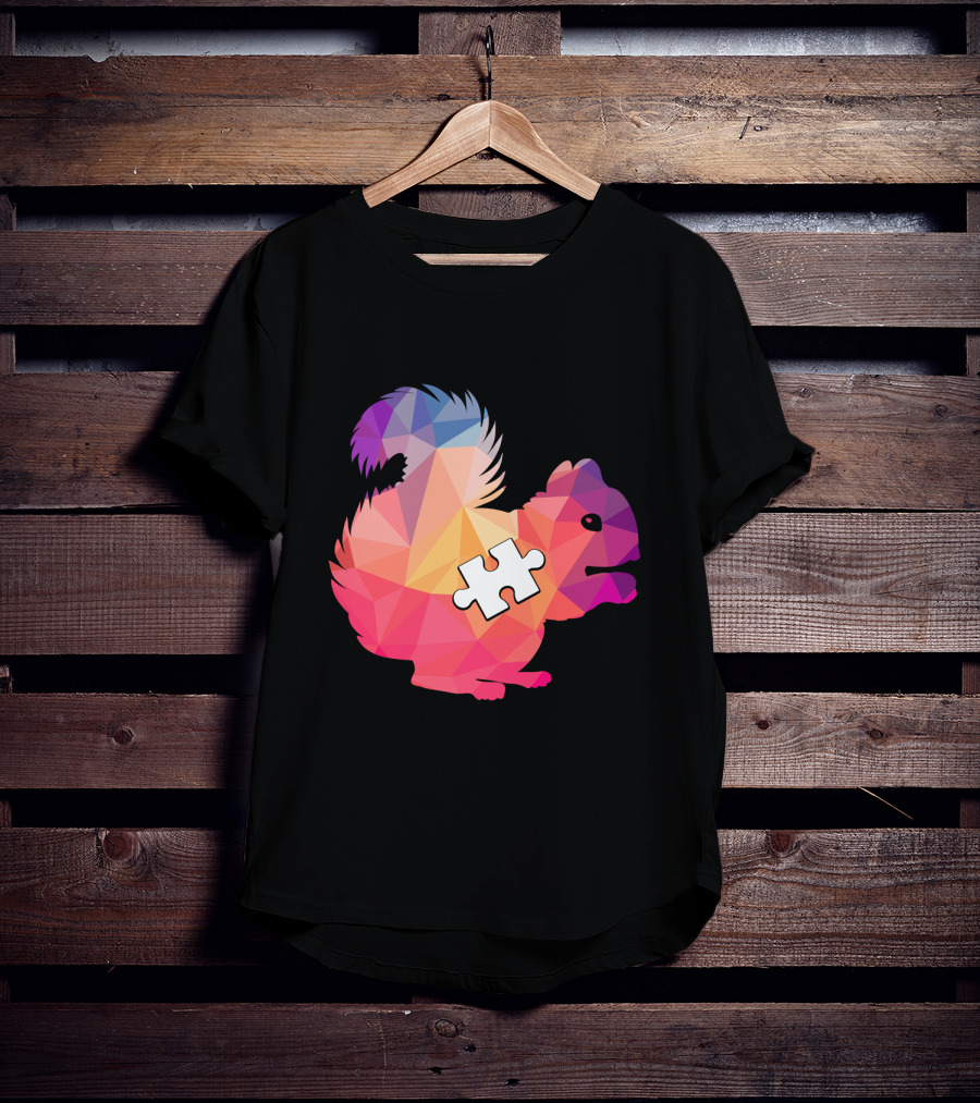 Squirrel Autism Awareness Puzzle Piece Geometric Multicolor T-Shirt