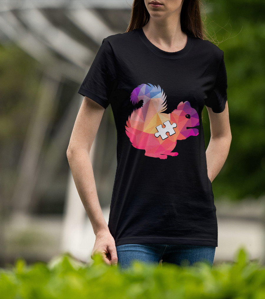 Squirrel Autism Awareness Puzzle Piece Geometric Multicolor T-Shirt