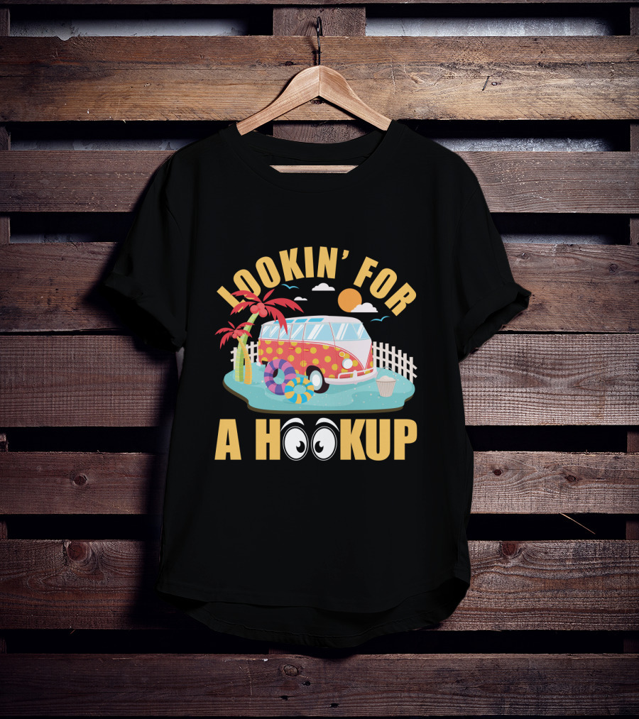 Lookin' For A Hookup Camper Van Beach Scene With Palm Tree And Sun T-Shirt