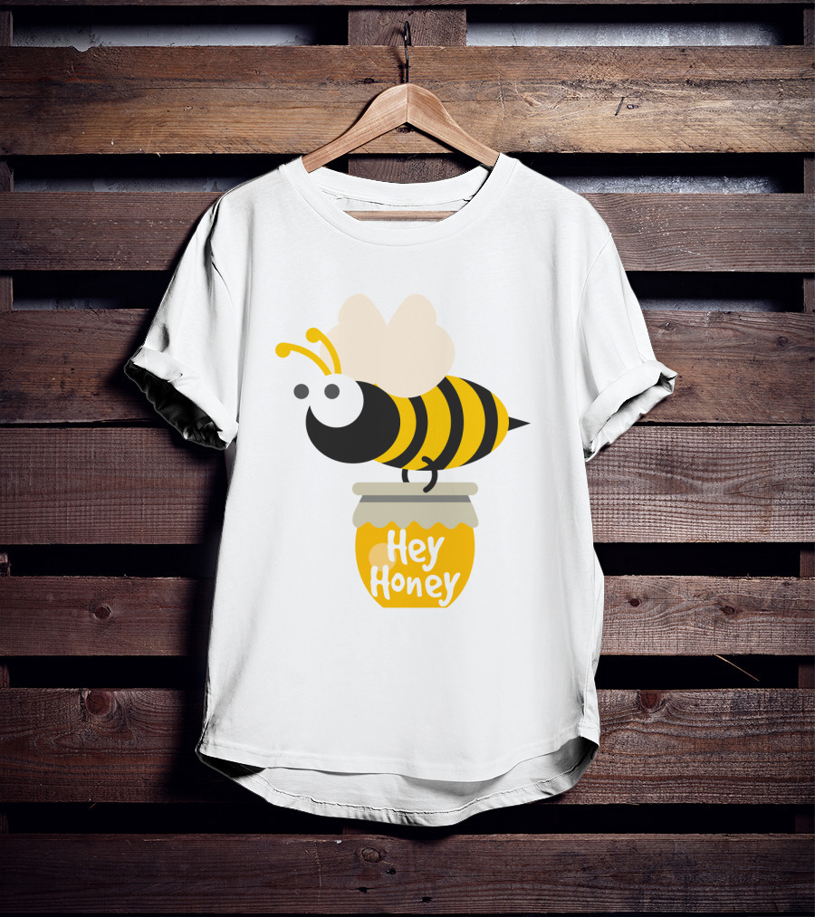 Hey Honey Fun Bee Yellow Striped Cartoon Bee On Honey Jar T-Shirt
