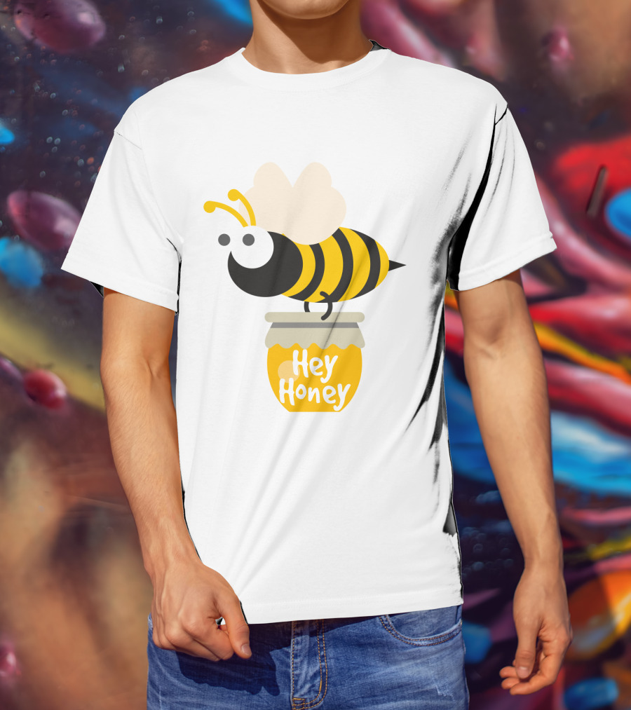 Hey Honey Fun Bee Yellow Striped Cartoon Bee On Honey Jar T-Shirt