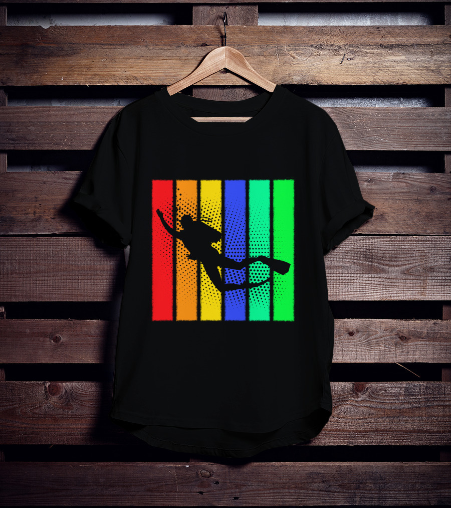 Retro Snorkeling Diver Silhouette Rainbow Stripes T-Shirt