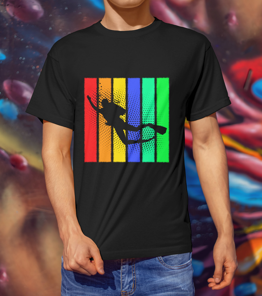 Retro Snorkeling Diver Silhouette Rainbow Stripes T-Shirt