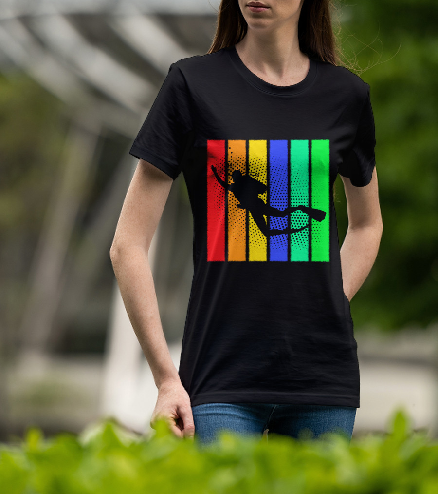 Retro Snorkeling Diver Silhouette Rainbow Stripes T-Shirt