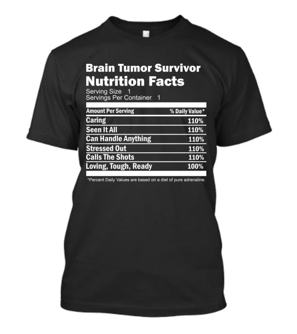 Brain Tumor Survivor Nutrition Facts Caring Seen It All Can Handle Anything Stressed Out Calls The Shots Loving Tough Ready T-Shirt