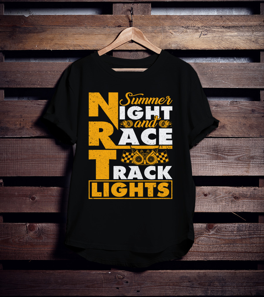 Summer Night And Race Track Lights With Engine And Checkered Flags T-Shirt
