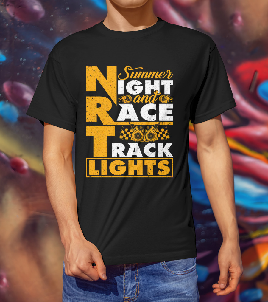 Summer Night And Race Track Lights With Engine And Checkered Flags T-Shirt