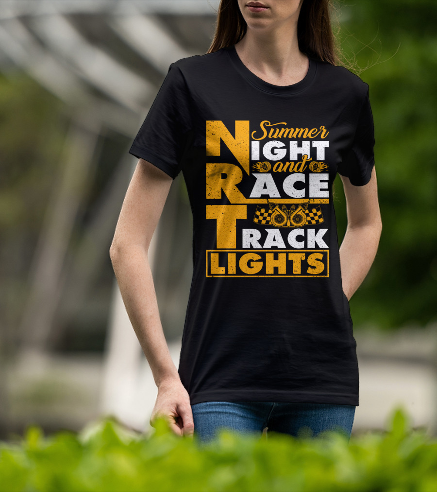 Summer Night And Race Track Lights With Engine And Checkered Flags T-Shirt