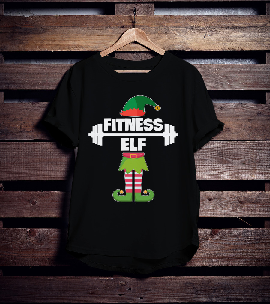 FITNESS ELF Workout Exercise Weight Lifter Barbell Holiday Humor T-Shirt