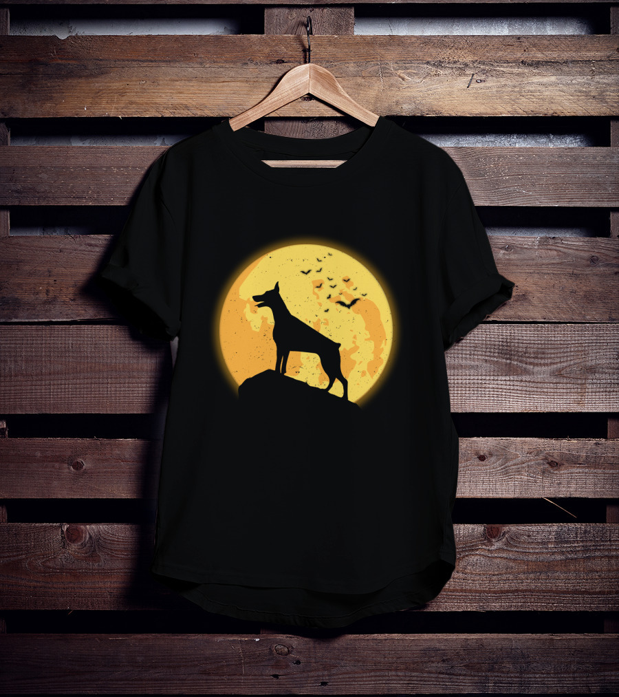 DOBERMAN Dog Silhouette Against Orange Moon Night Scene T-Shirt