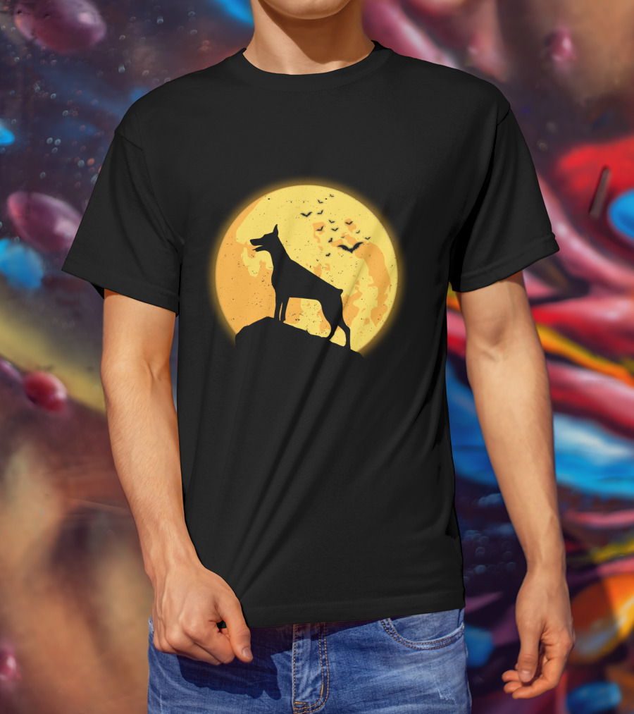 DOBERMAN Dog Silhouette Against Orange Moon Night Scene T-Shirt