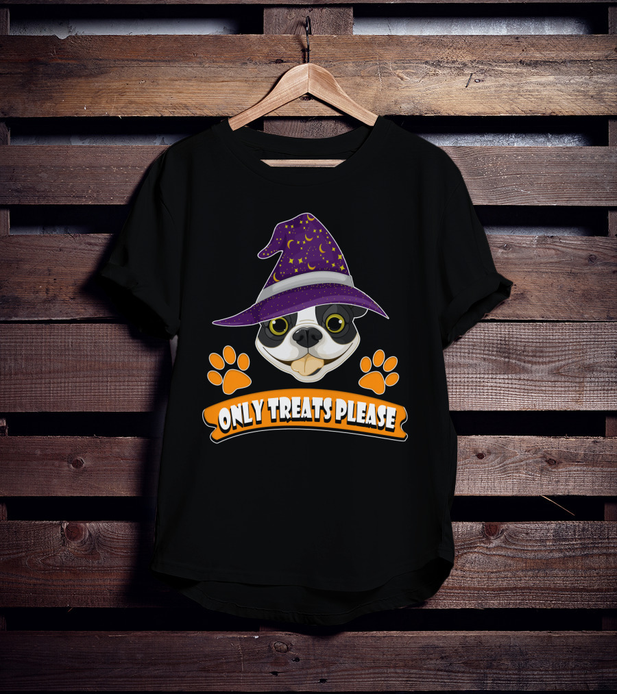 Boston Terrier Only Treats Please Wizard Hat And Paw Prints T-Shirt