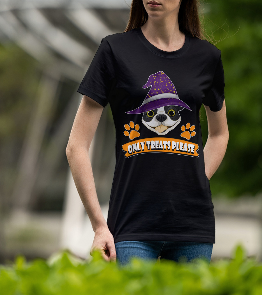 Boston Terrier Only Treats Please Wizard Hat And Paw Prints T-Shirt
