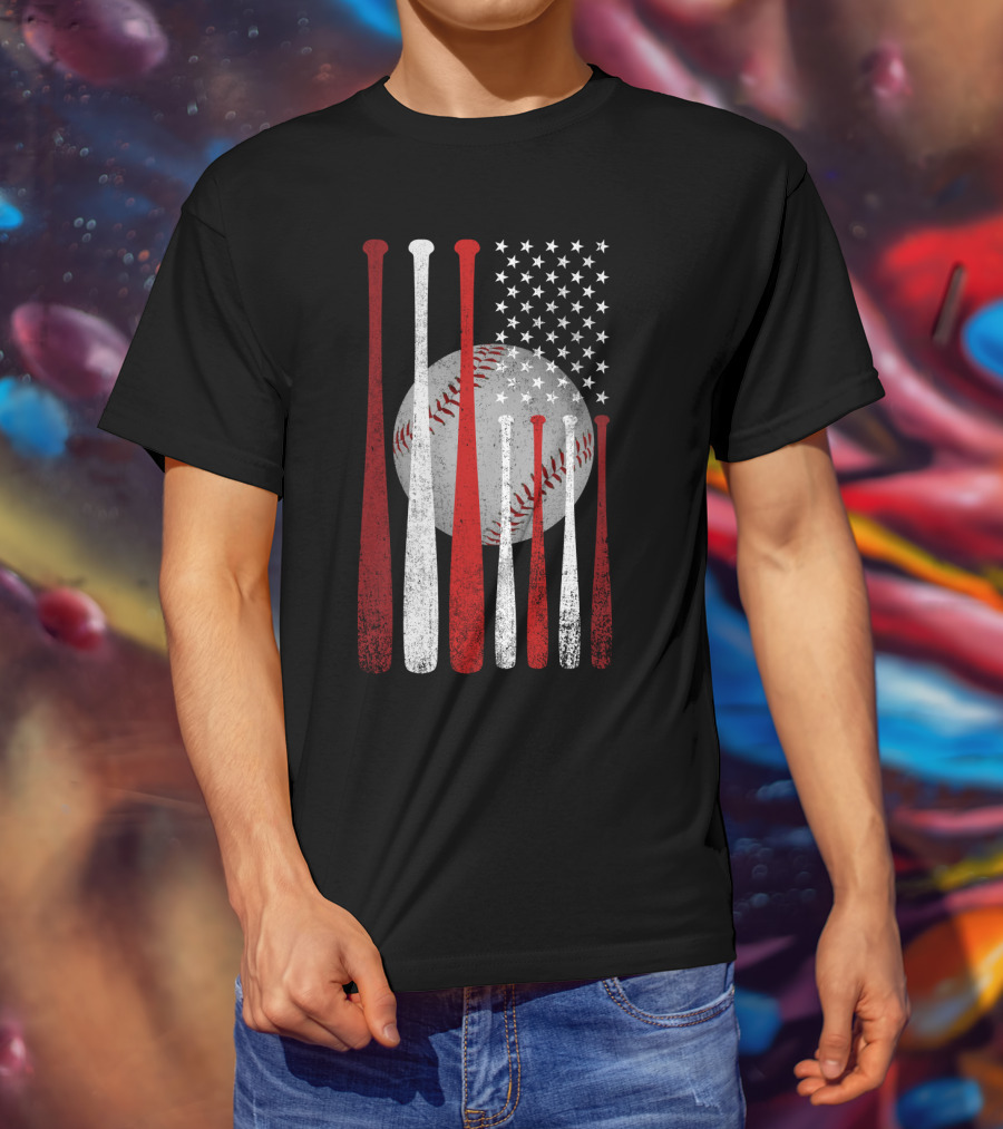 Vintage American Flag Baseball Bats And Ball Stars T-Shirt