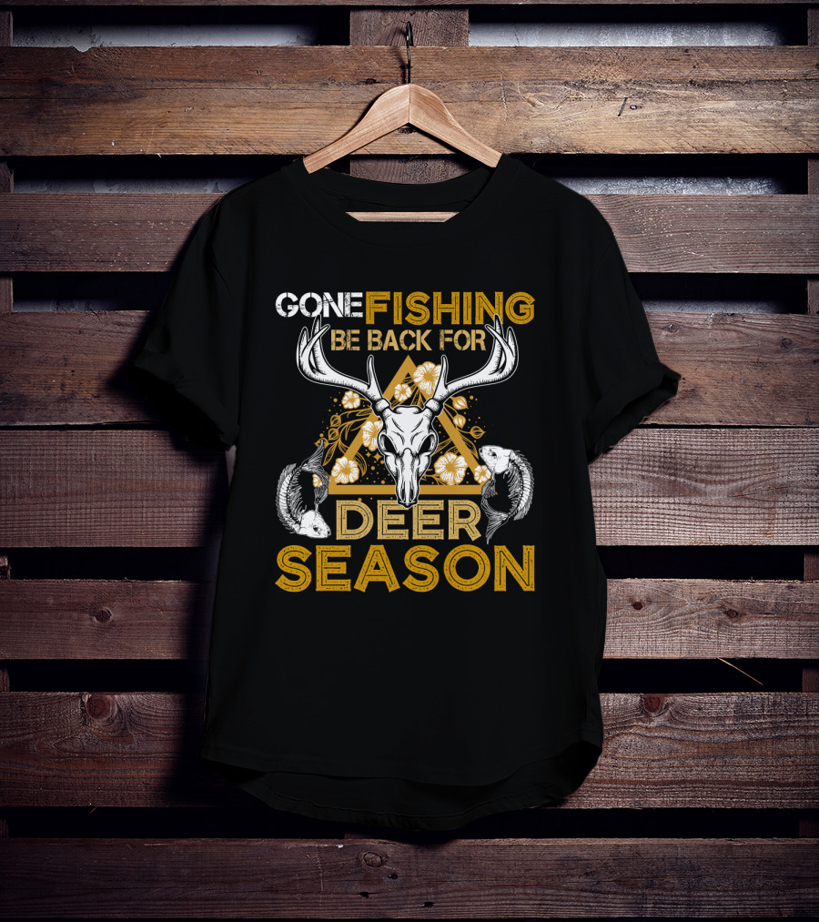 Gone Fishing Be Back For Deer Season Antler Skull Fish Floral Triangle T-Shirt