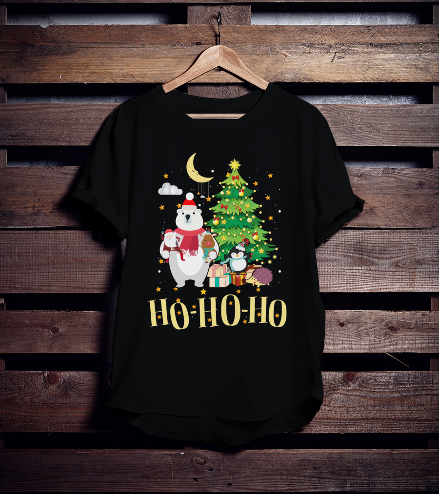 HO HO HO Christmas Dreams Polar Bear Santa Penguin Tree T-Shirt