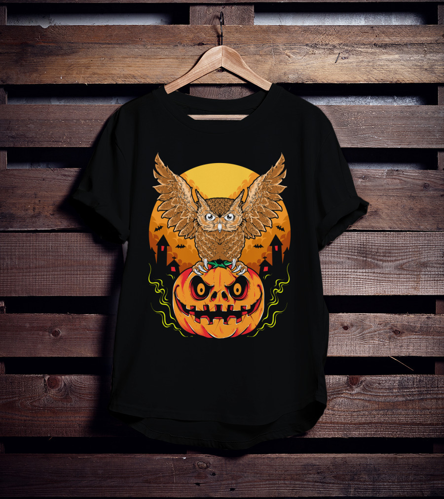 Owl Perched On Halloween Pumpkin With Haunted Houses And Bats T-Shirt