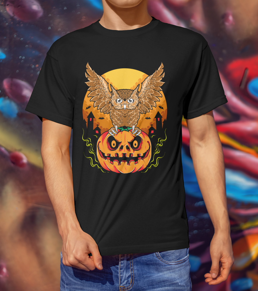 Owl Perched On Halloween Pumpkin With Haunted Houses And Bats T-Shirt