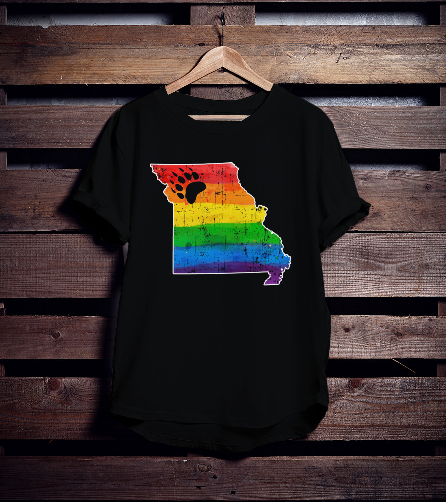Missouri State Shape With Rainbow Bear Paw Pride Flag T-Shirt