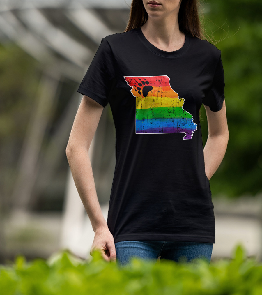 Missouri State Shape With Rainbow Bear Paw Pride Flag T-Shirt