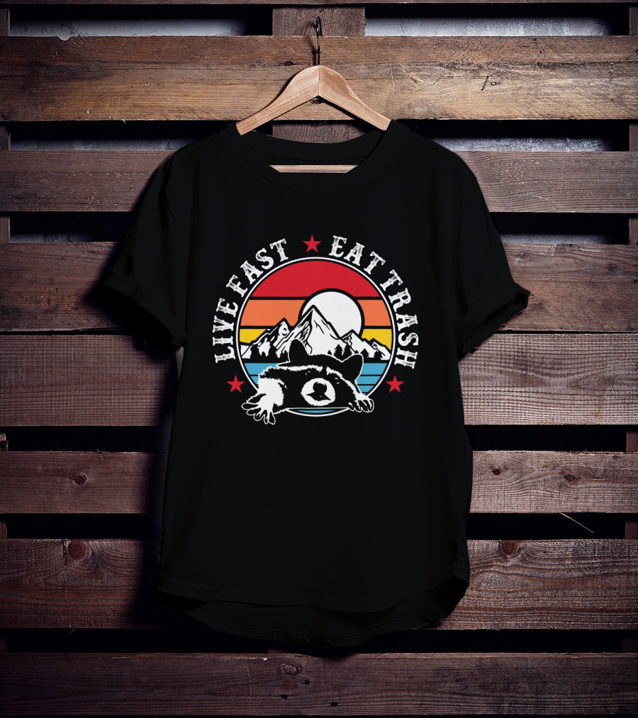 Live Fast Eat Trash Funny Raccoon Mountains Camping Retro Sunset T-Shirt