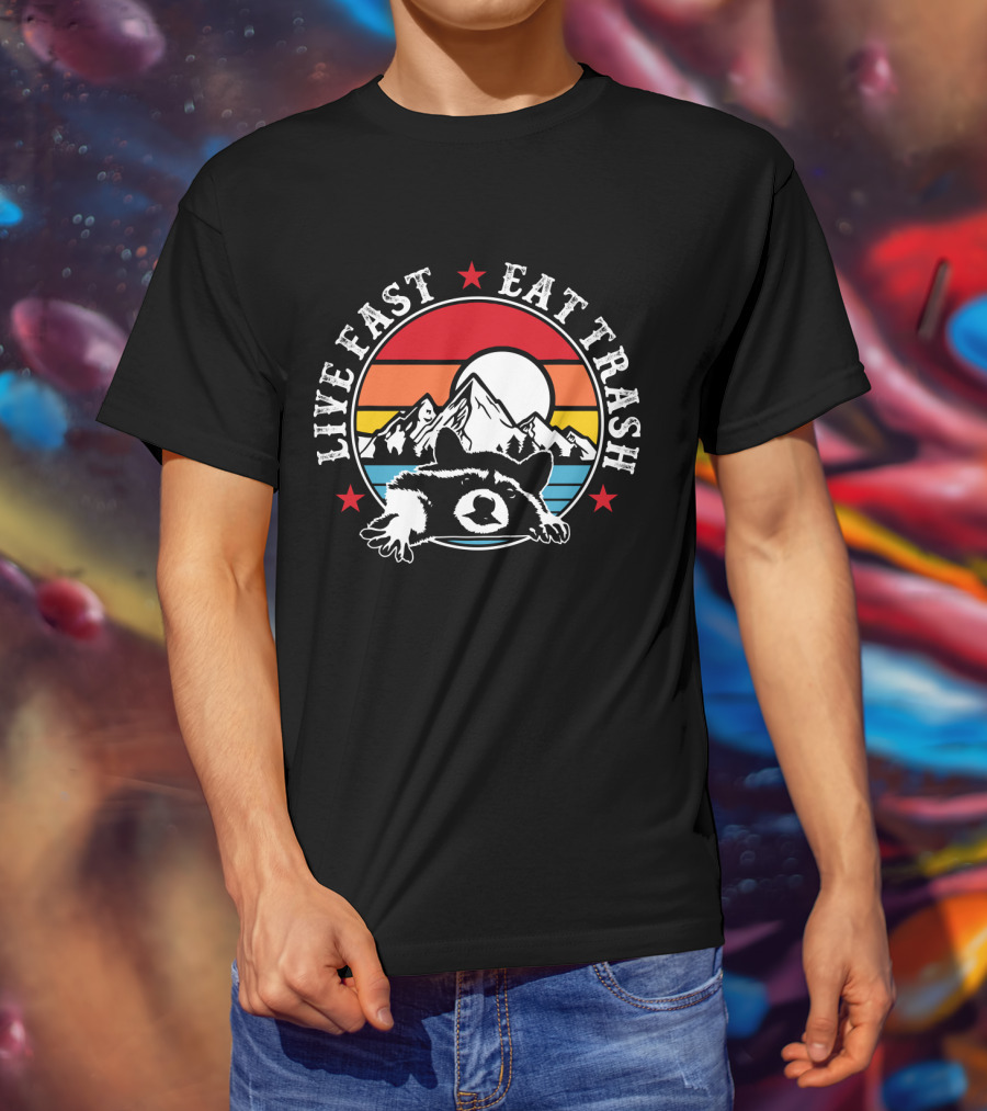 Live Fast Eat Trash Funny Raccoon Mountains Camping Retro Sunset T-Shirt