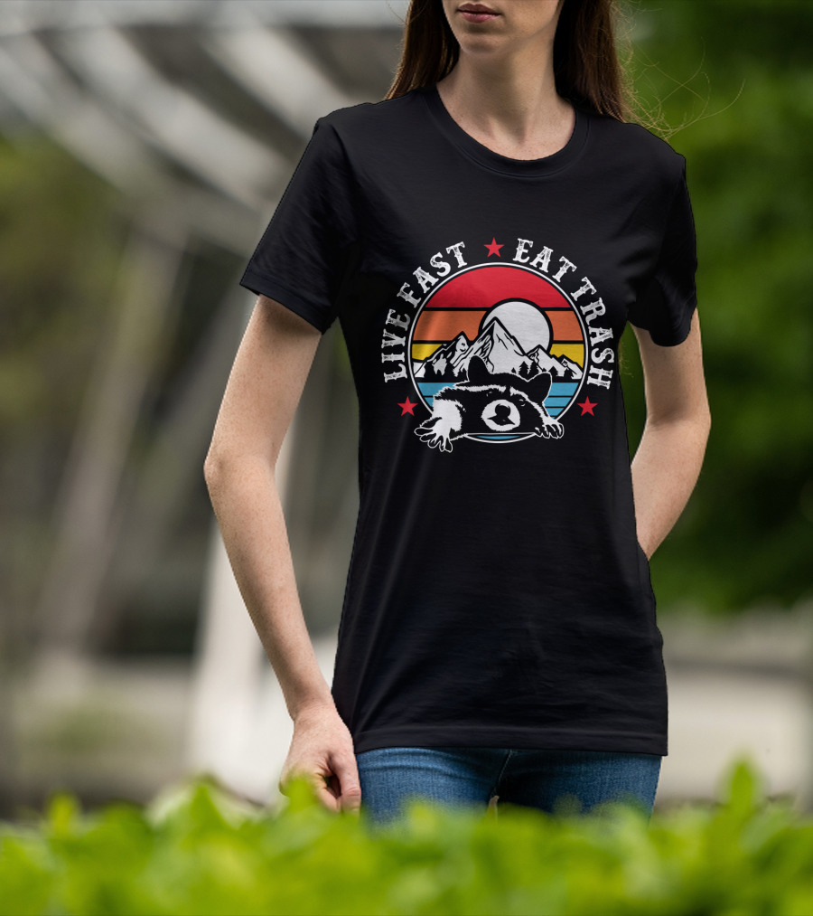 Live Fast Eat Trash Funny Raccoon Mountains Camping Retro Sunset T-Shirt