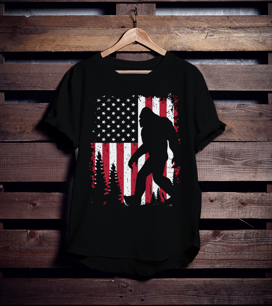 Bigfoot Walking Across American Flag With Forest T-Shirt