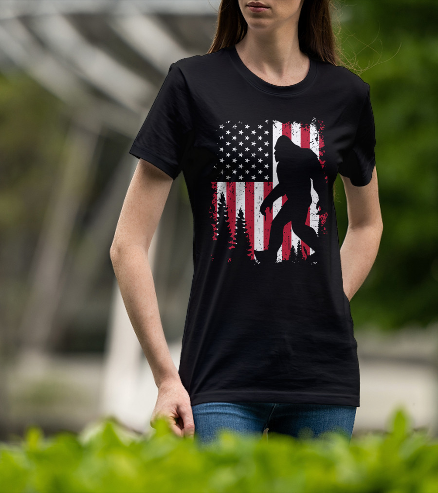 Bigfoot Walking Across American Flag With Forest T-Shirt