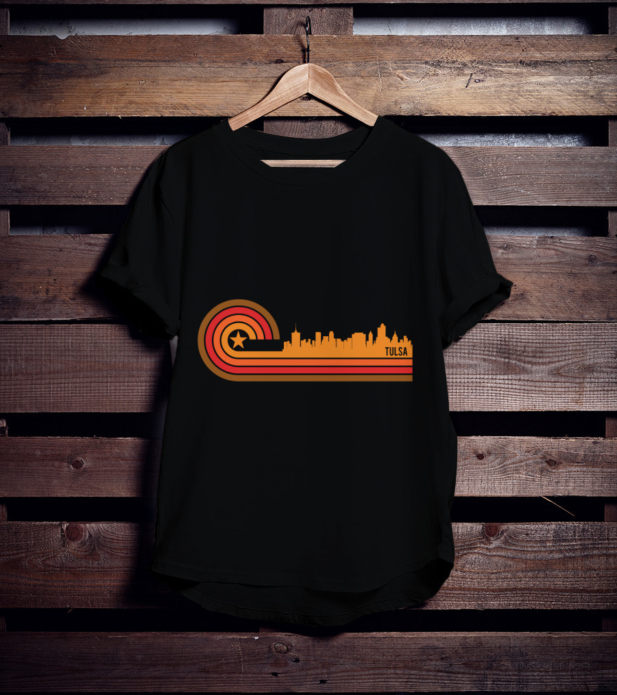 Retro Tulsa OK Skyline With Star And Sunset Stripes T-Shirt
