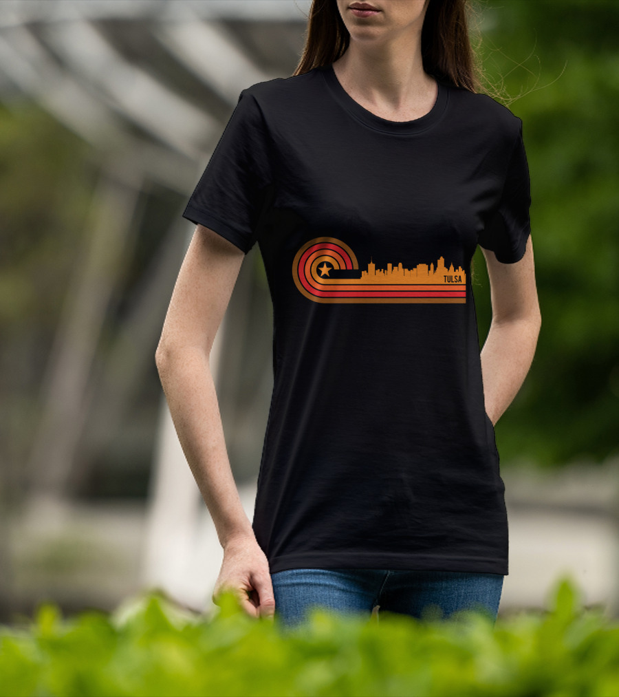 Retro Tulsa OK Skyline With Star And Sunset Stripes T-Shirt
