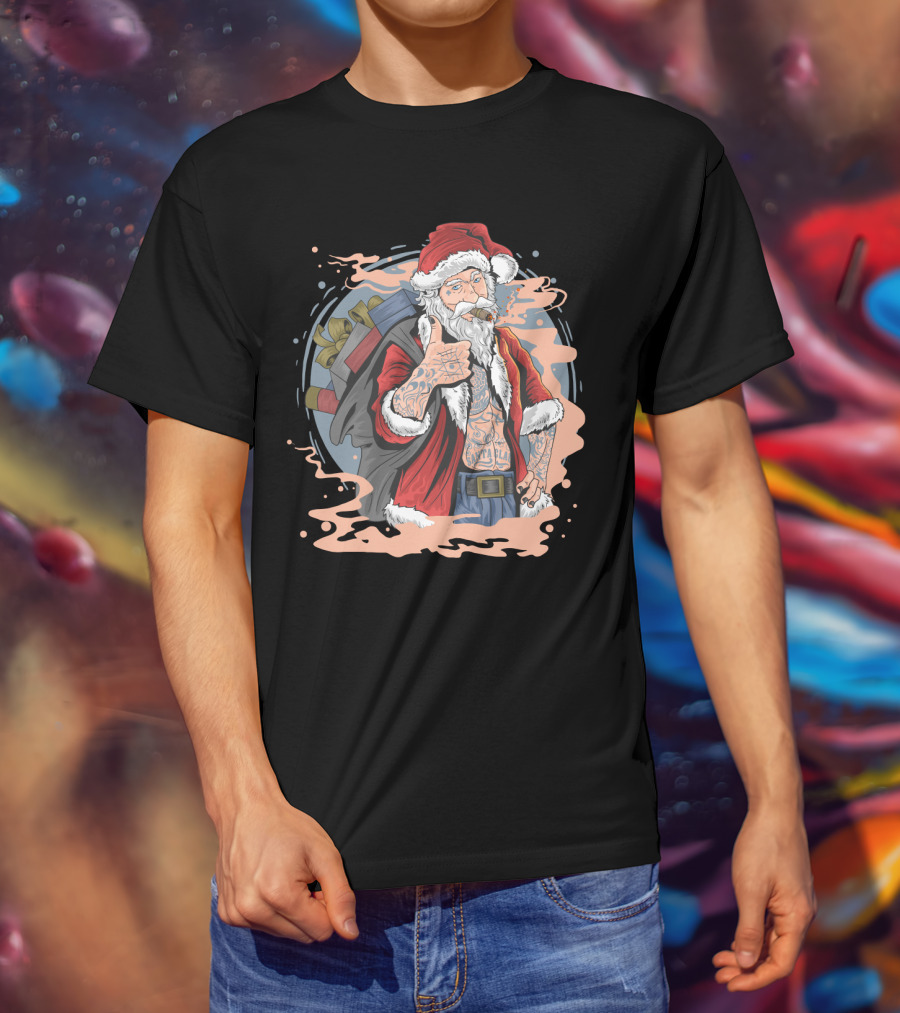 Christmas Santa Claus Smoking Tattooed Holiday Thumbs Up T-Shirt