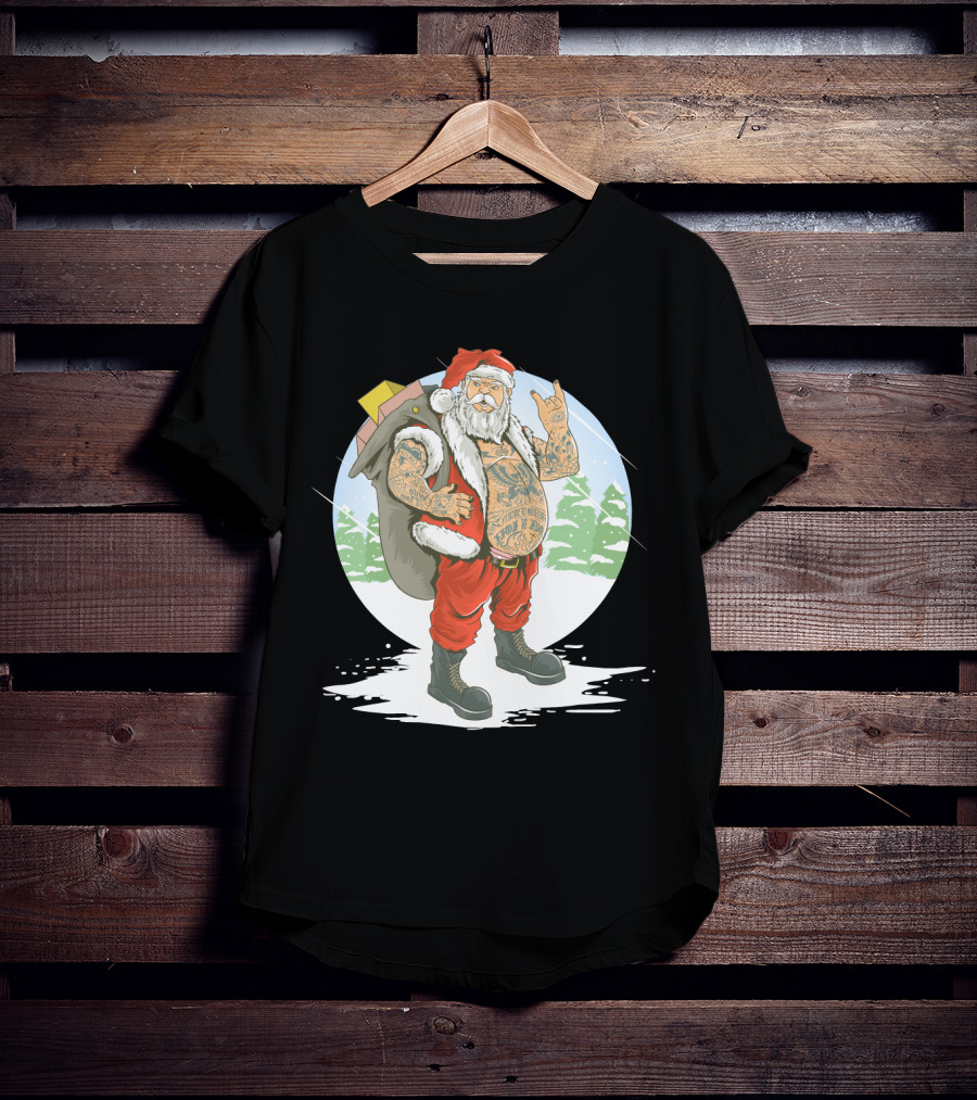 Christmas Santa Claus With Full Body Tattoo And Rock Hand Gesture T-Shirt