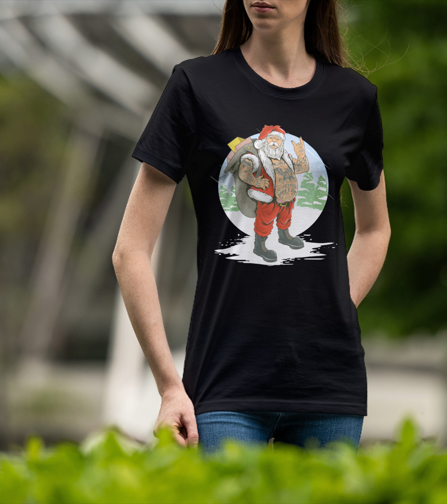 Christmas Santa Claus With Full Body Tattoo And Rock Hand Gesture T-Shirt