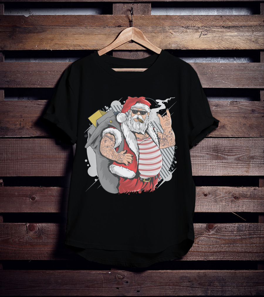 Santa Claus Merry Christmas Tattoo Rock Hand Illustrated T-Shirt