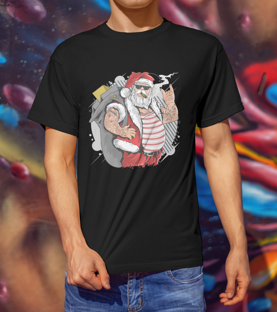 Santa Claus Merry Christmas Tattoo Rock Hand Illustrated T-Shirt